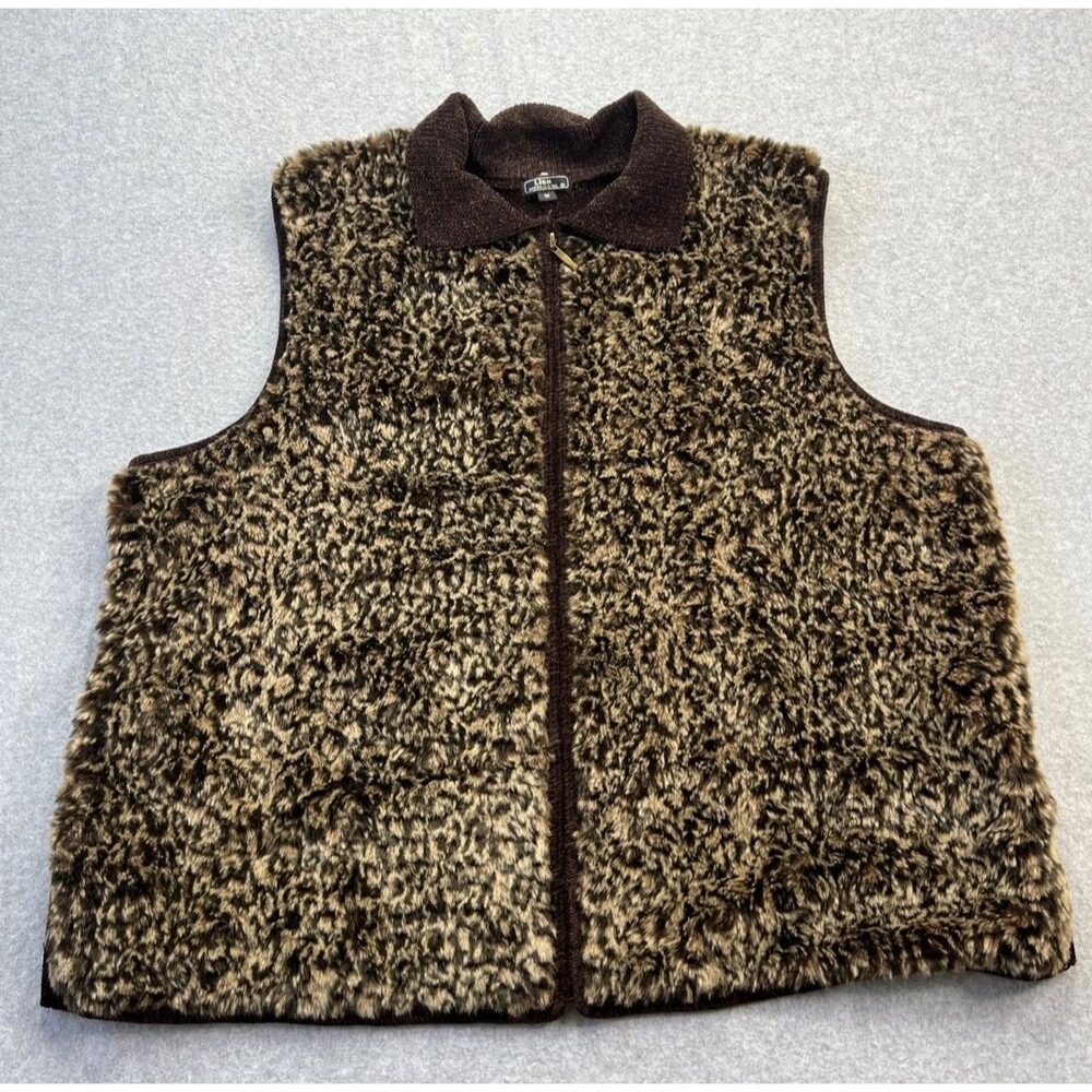 Lisa International Faux Fur Vest 3X Animal Print Knit Full Zip Layering Boho